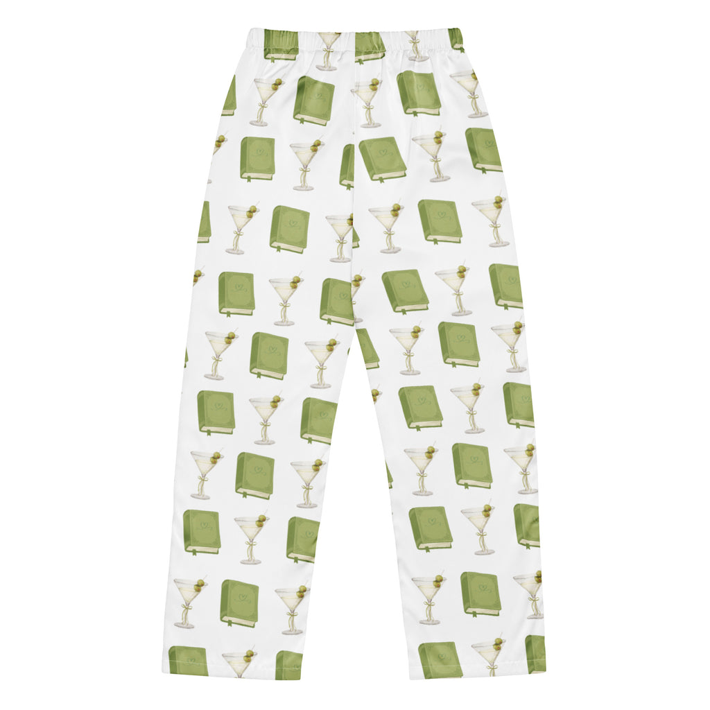 dirty martinis and green books on pajama pants, product mock-up- back of pants