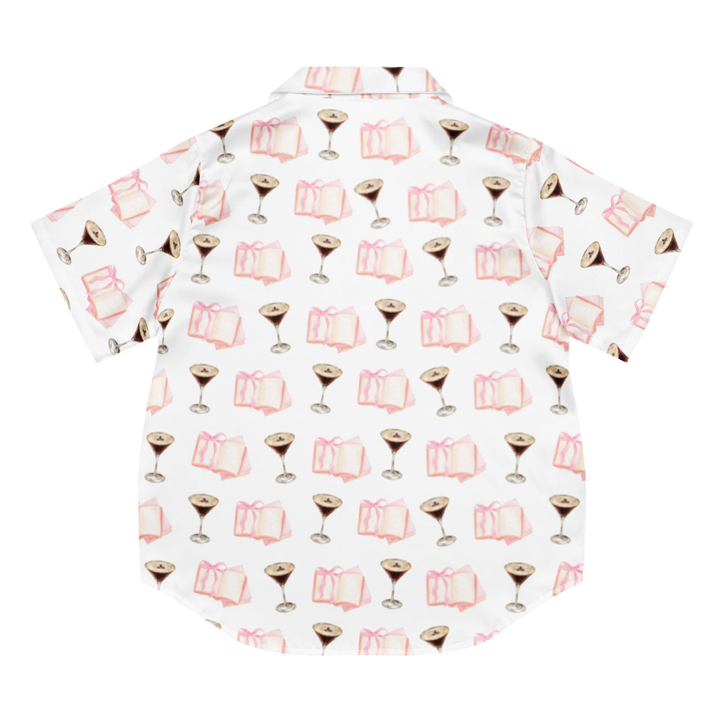 espresso martini and pink books on a short sleeve pajama top product mock-up, back of shirt