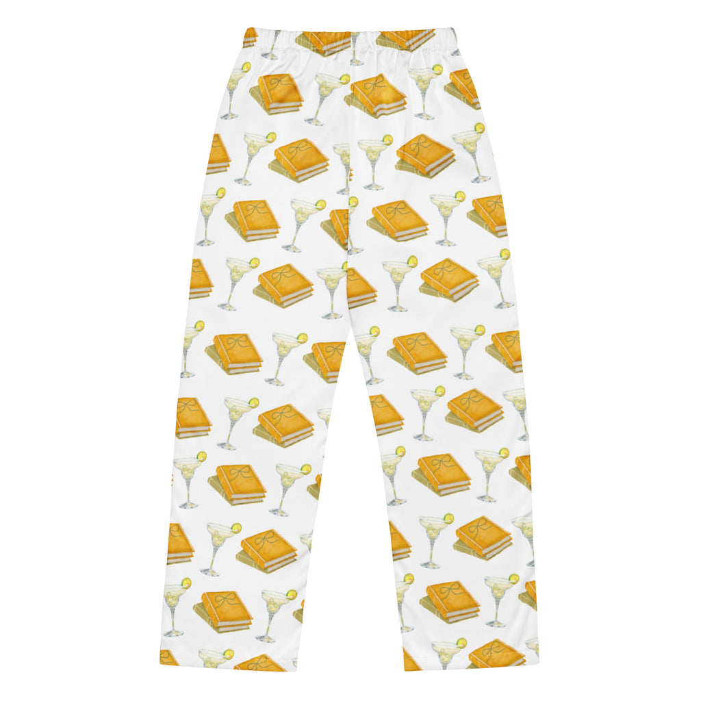 Spicy margarita and books on pajama pants, product mock-up- back of pants