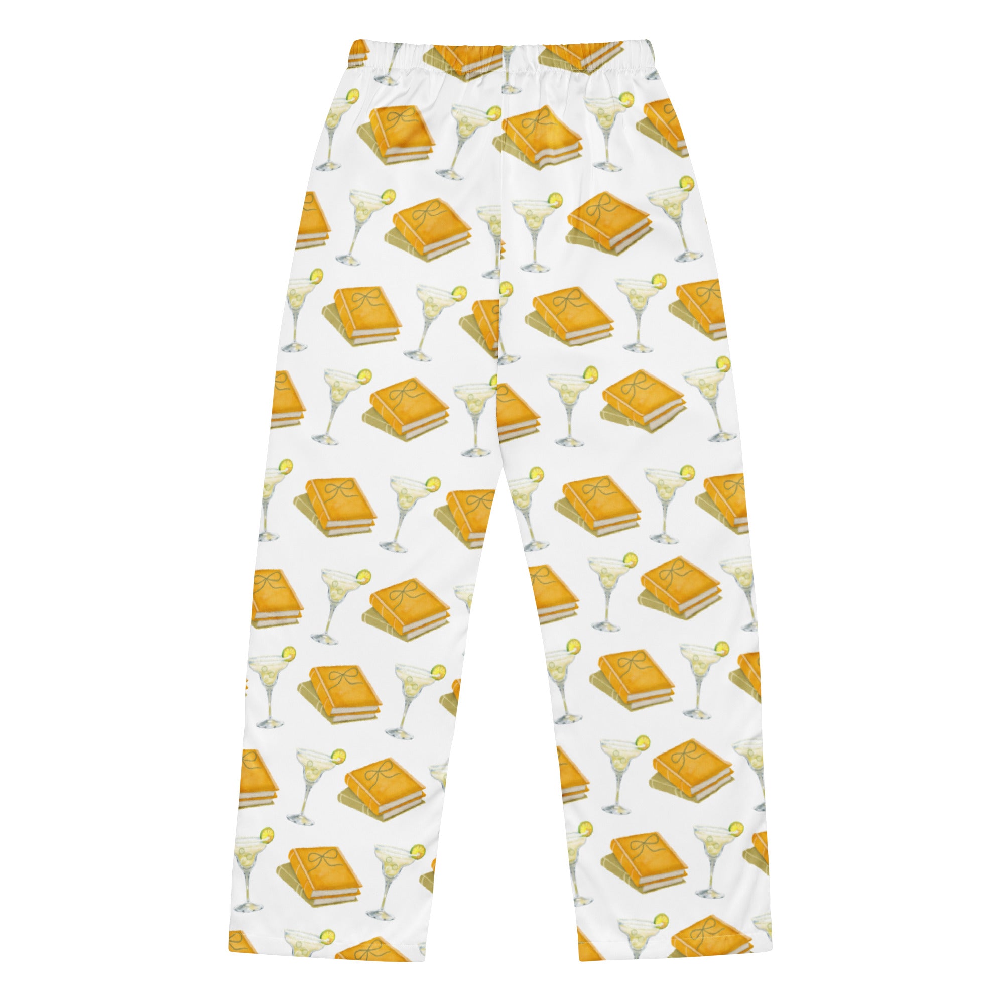 Spicy margarita and books on pajama pants, product mock-up- back of pants