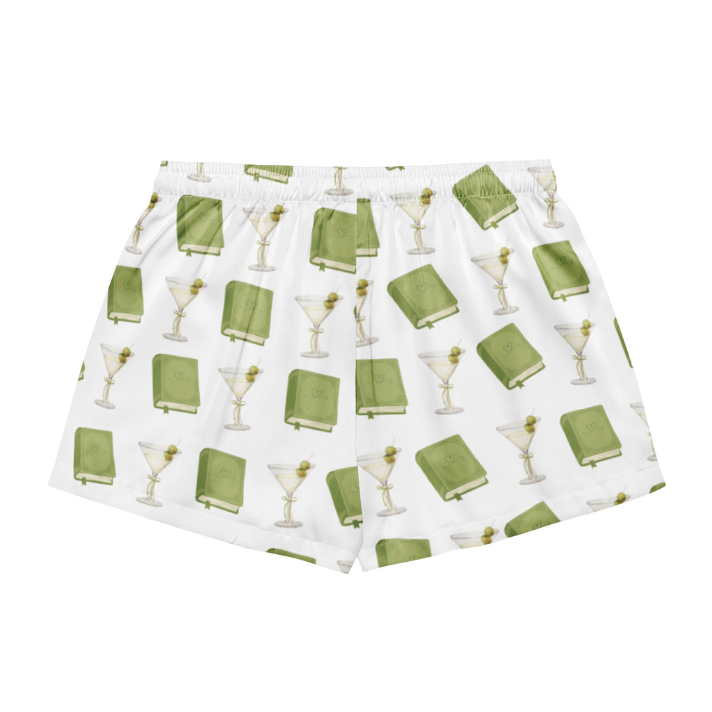 dirty martinis and green books on pajama shorts, product mock-up- back of shorts
