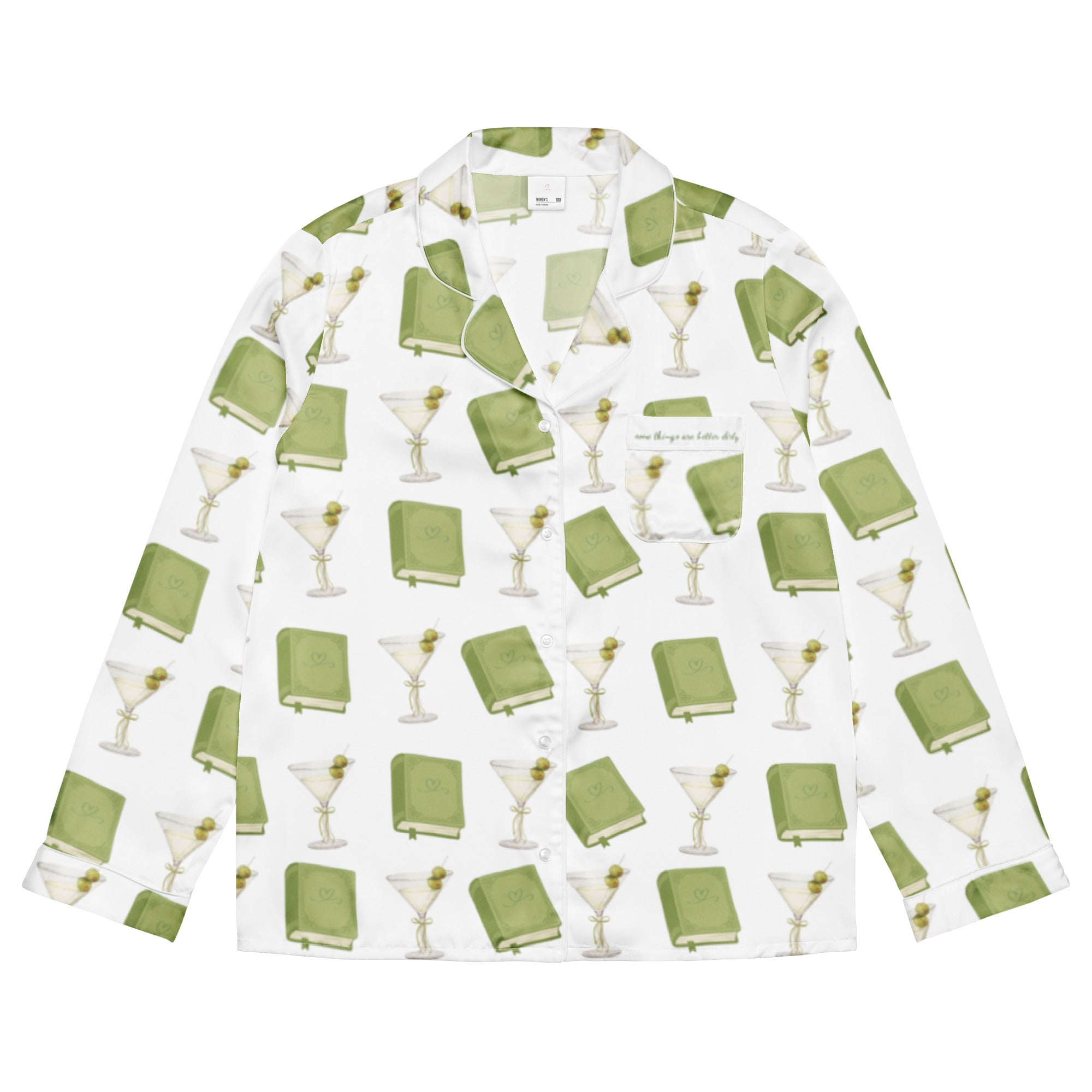 dirty martinis and green books on a long sleeve pajama tops. The pocket says "some things are better dirty". Product mock-up