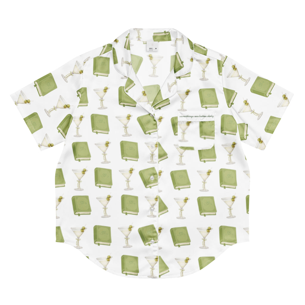 short sleeve pajama top with dirty martini and books on it. Pocket says "Some things are better dirty" . Product mock-up image