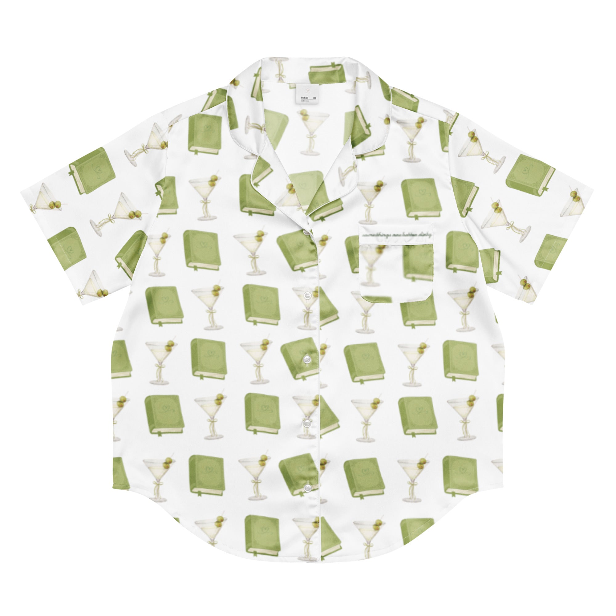 short sleeve pajama top with dirty martini and books on it. Pocket says "Some things are better dirty" . Product mock-up image