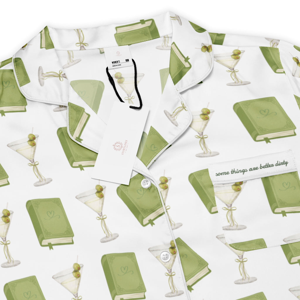 short sleeve pajama top with dirty martini and books on it. Pocket says "Some things are better dirty" . Product mock-up image