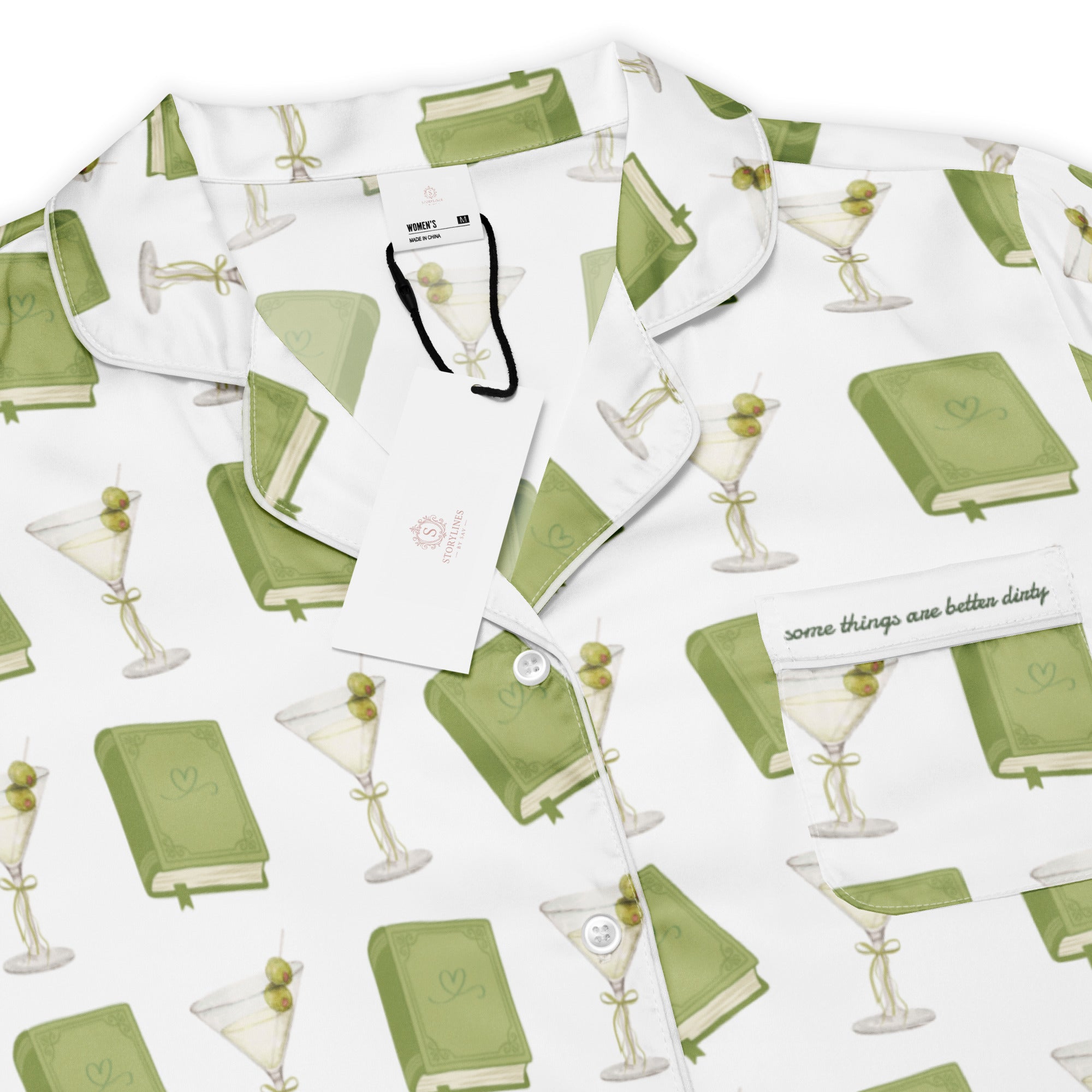 short sleeve pajama top with dirty martini and books on it. Pocket says "Some things are better dirty" . Product mock-up image