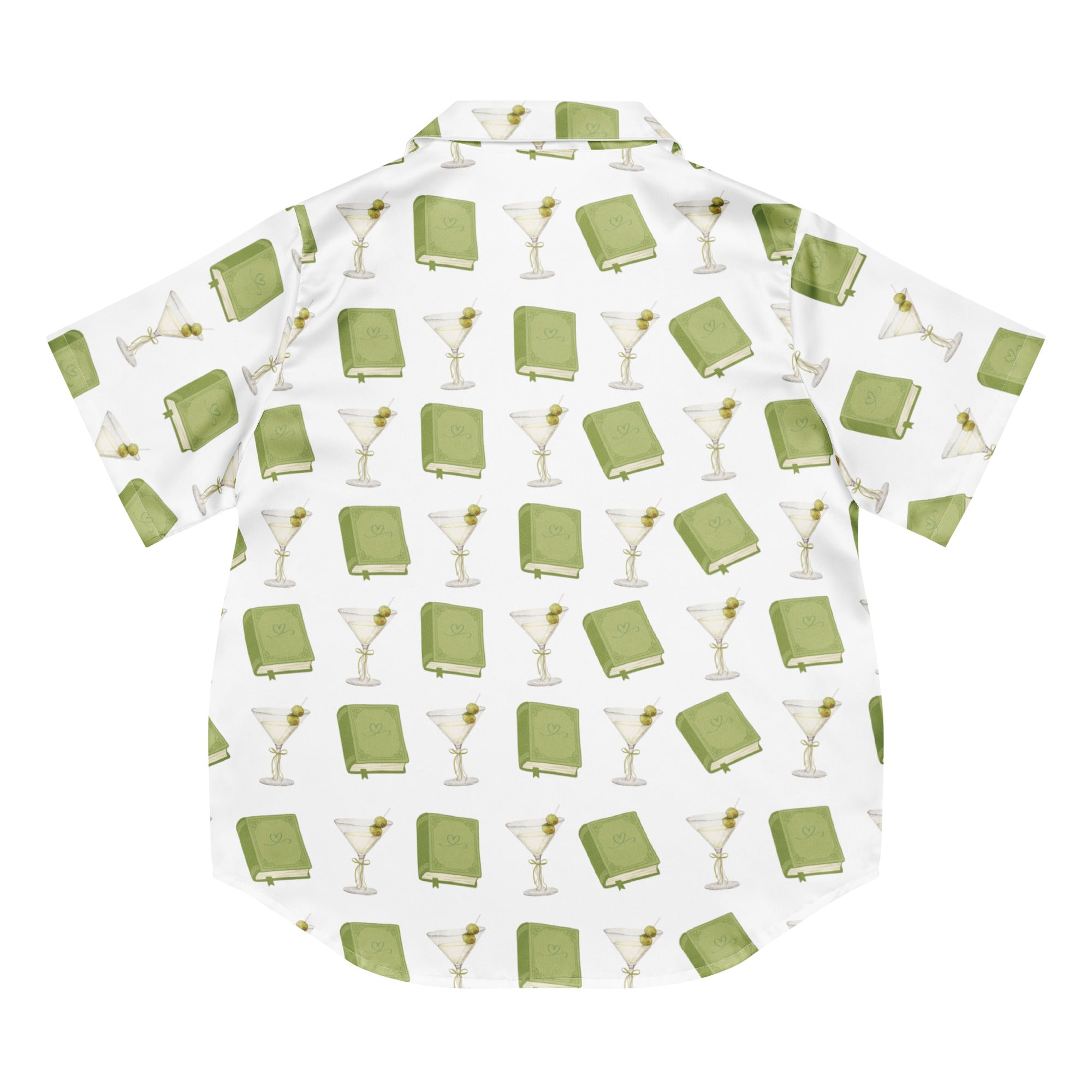 short sleeve pajama top with dirty martini and books on it. Pocket says "Some things are better dirty" . Product mock-up image, back of shirt