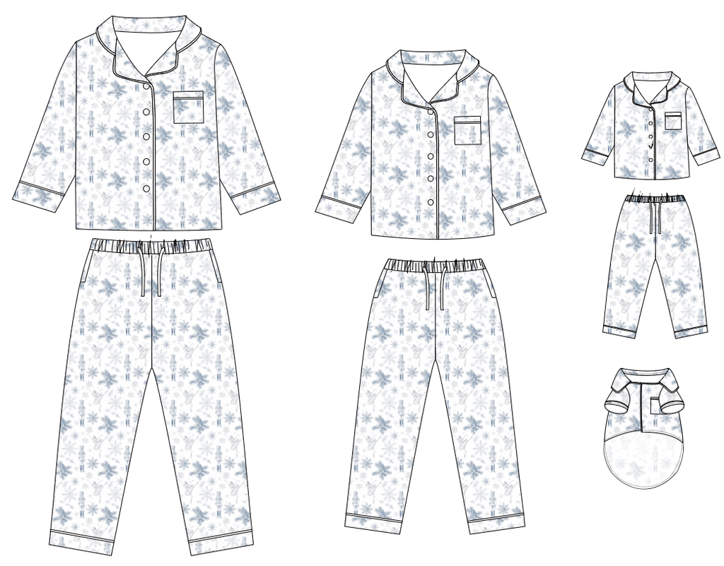 Flat vector illustrations of matching pajama sets shown in different sizes and garment types, including a long-sleeve button-front top with pants, a short-sleeve button-front top with pants, a small long-sleeve top, and a small matching top and pants set. The pajamas have a white base with a light blue floral pattern.