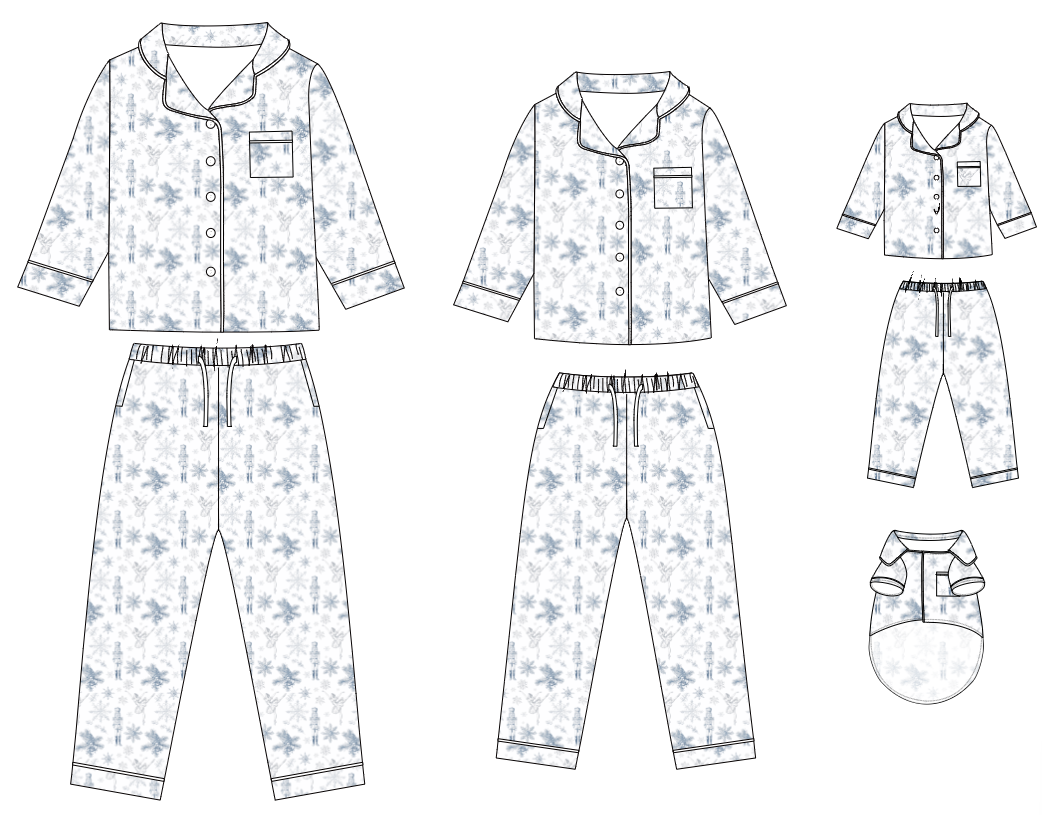 Flat vector illustrations of matching pajama sets shown in different sizes and garment types, including a long-sleeve button-front top with pants, a short-sleeve button-front top with pants, a small long-sleeve top, and a small matching top and pants set. The pajamas have a white base with a light blue floral pattern.
