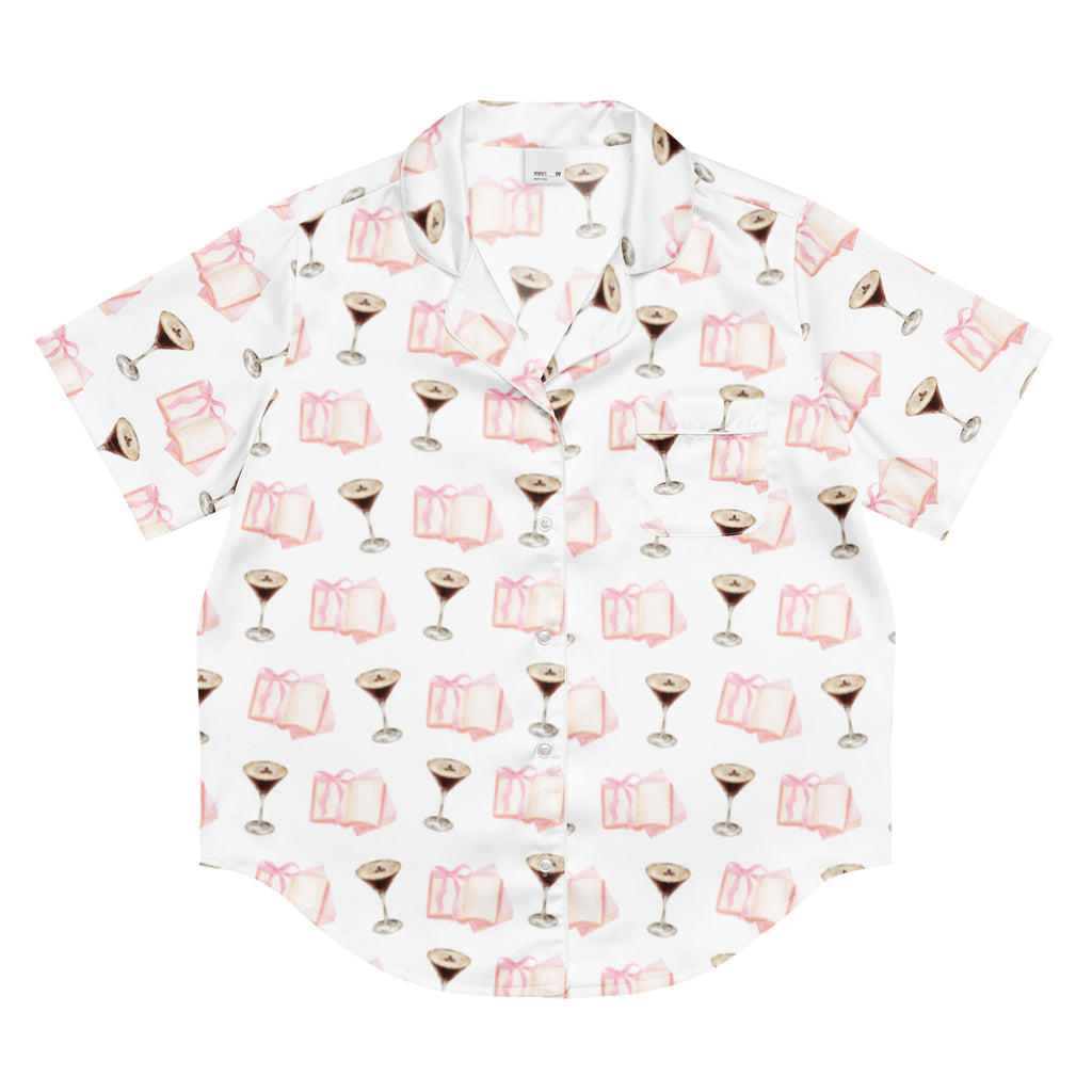 espresso martini and pink books on a short sleeve pajama top product mock-up