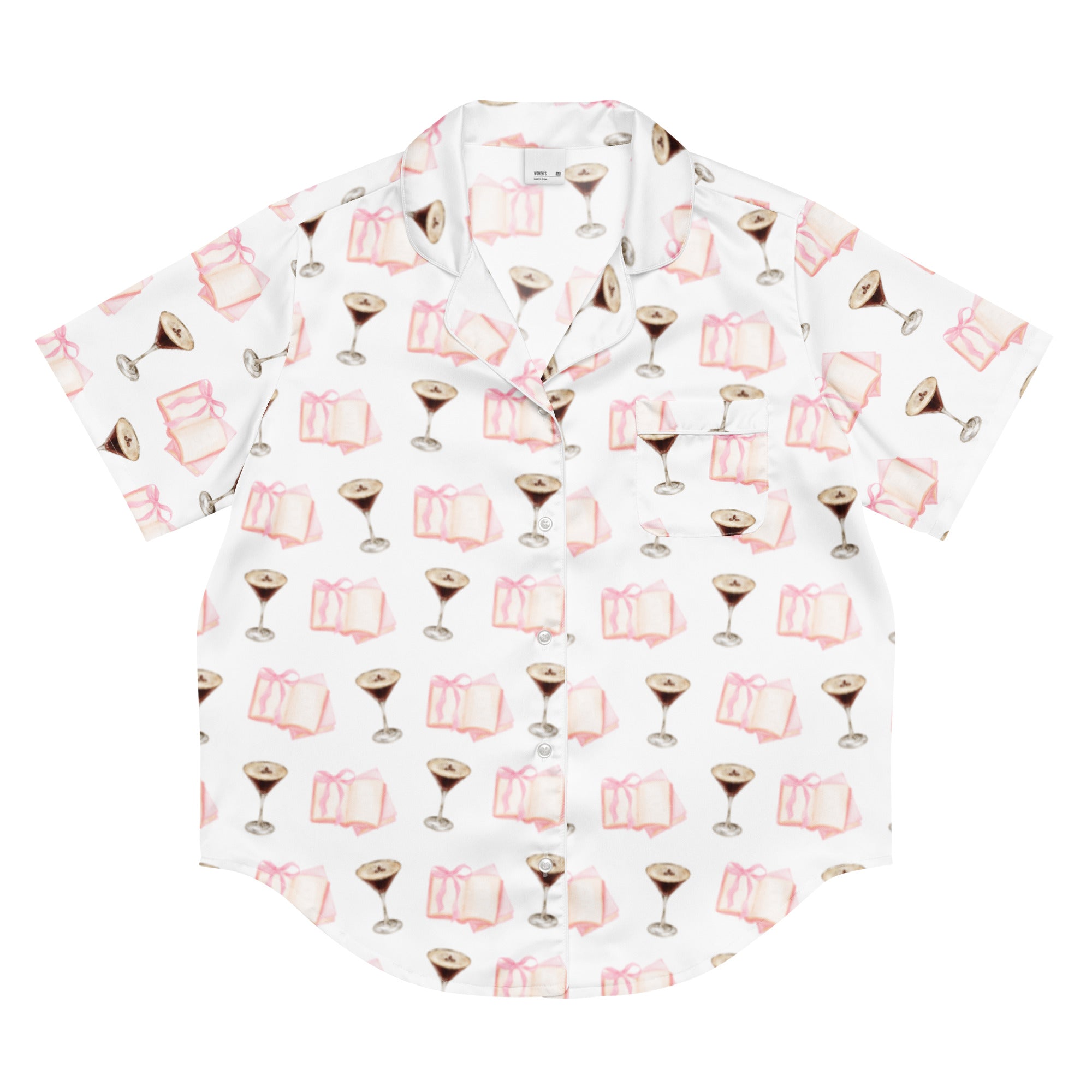 espresso martini and pink books on a short sleeve pajama top product mock-up
