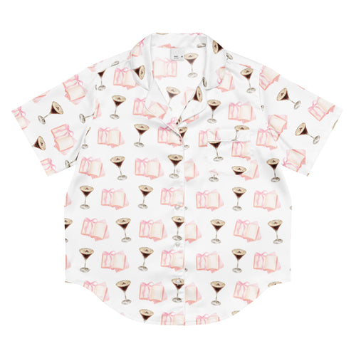 espresso martini and pink books on a short sleeve pajama top product mock-up