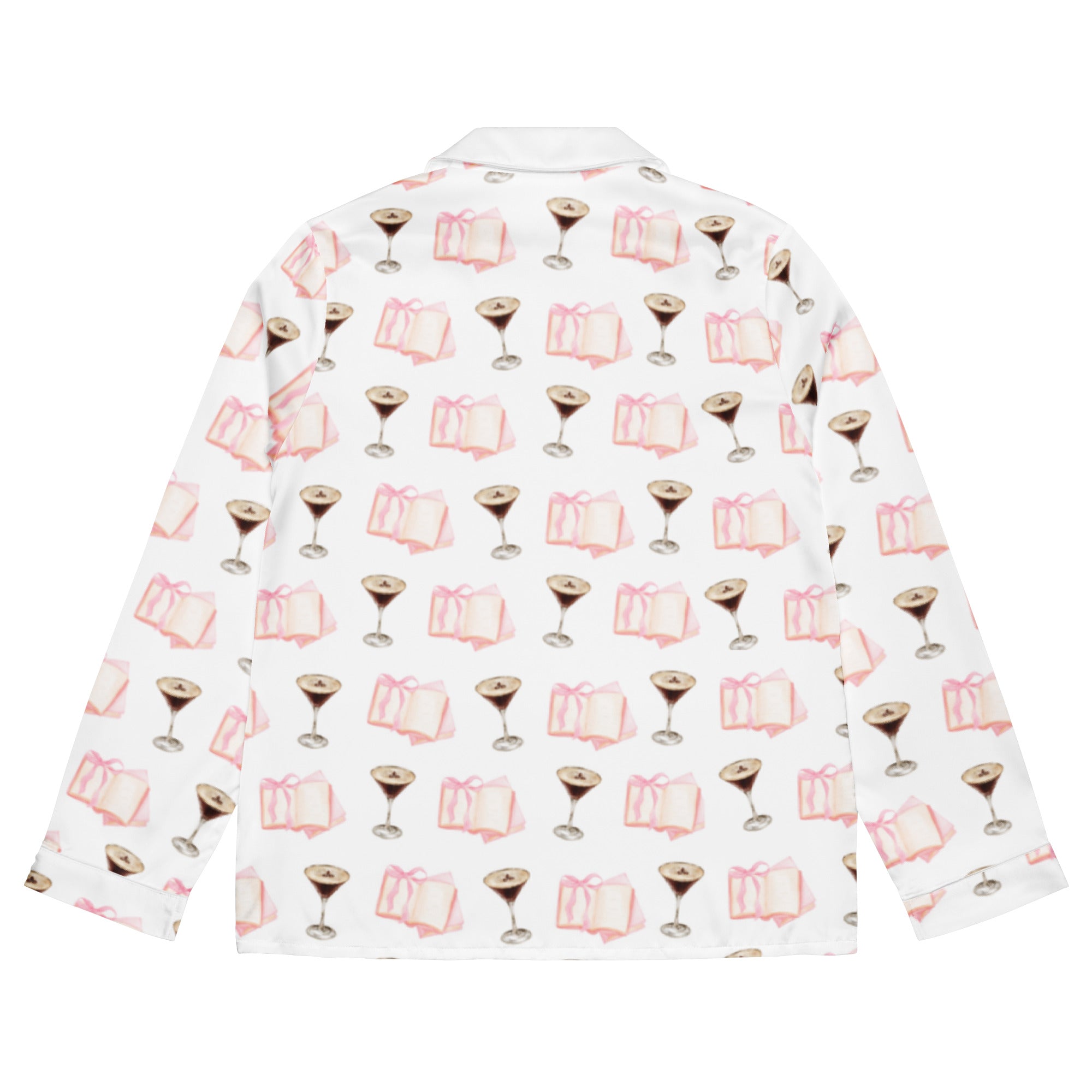 espresso martini and pink books on long sleeve pajama shirt product mock-up, back of shirt