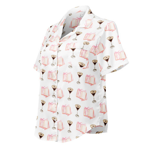 espresso martini and pink books on a short sleeve pajama top