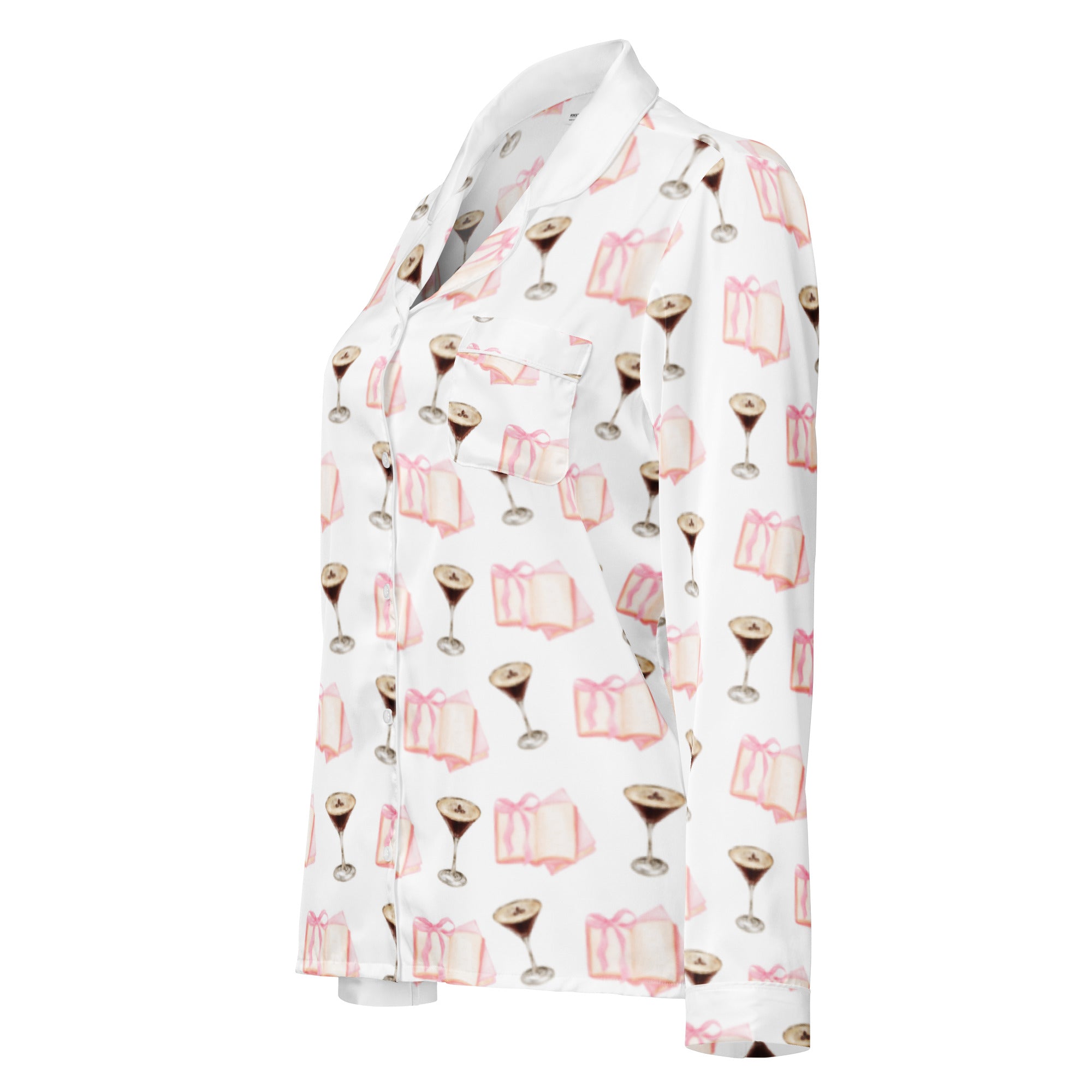 espresso martini and pink books on long sleeve pajama shirt product mock-up, side view