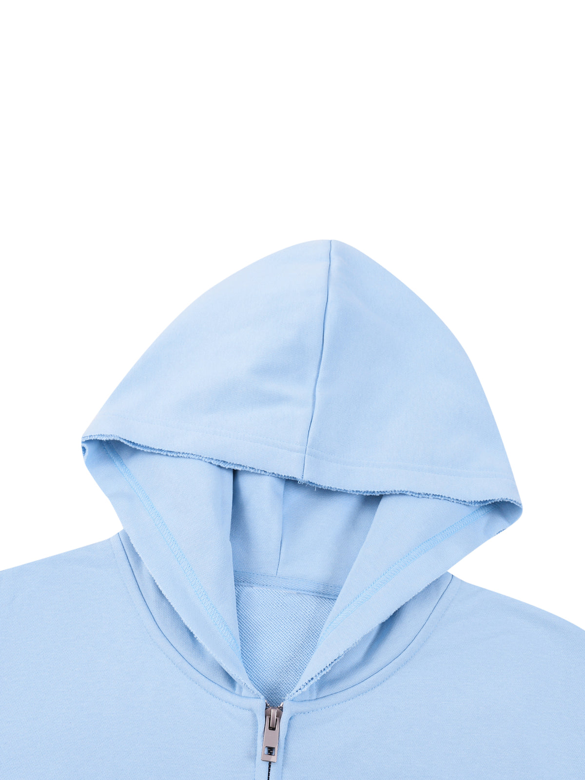 Close-up of a light blue hooded sweatshirt showing the hood, collar, and zipper on a plain white background.