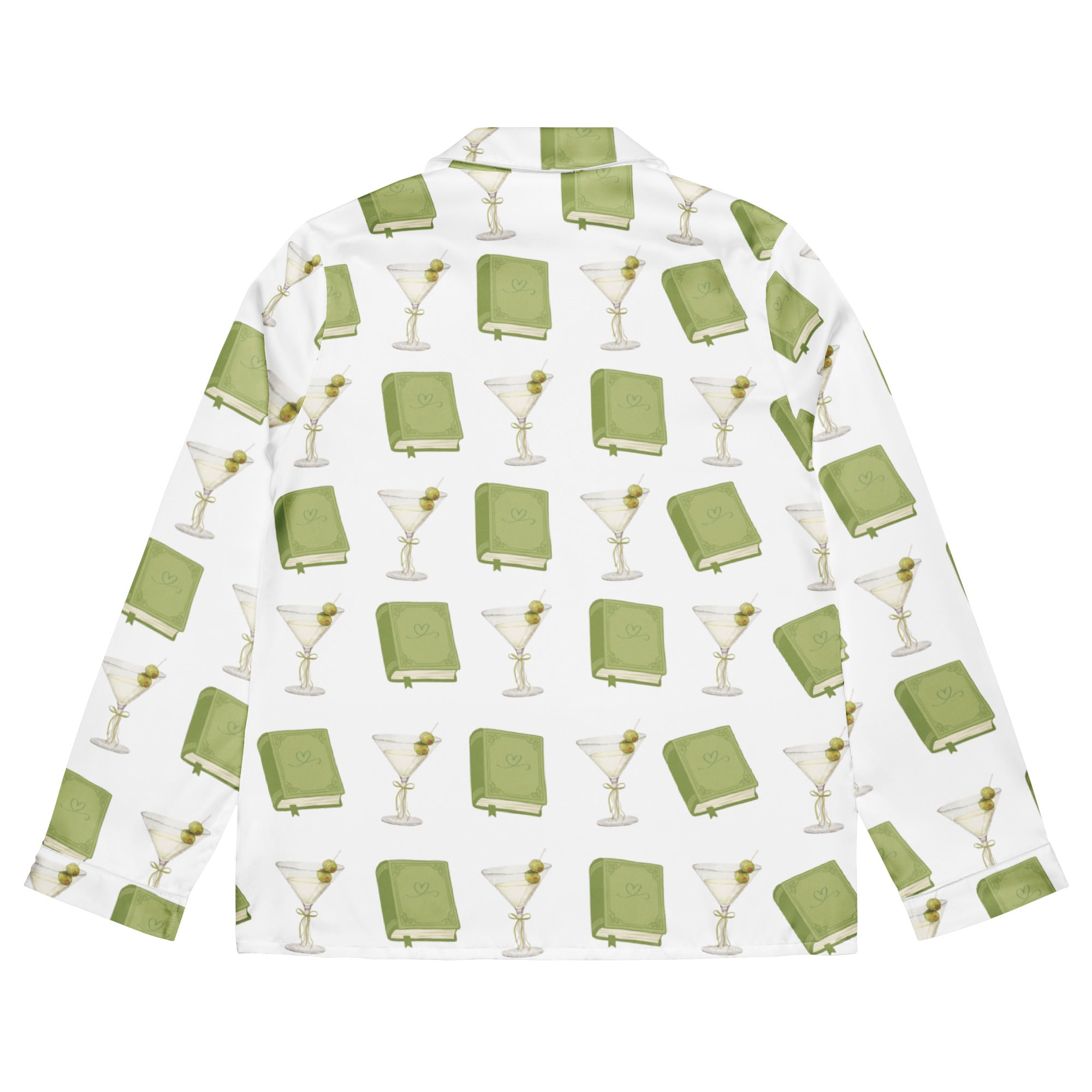 dirty martinis and green books on a long sleeve pajama tops. The pocket says "some things are better dirty". Product mock-up, back of shirt