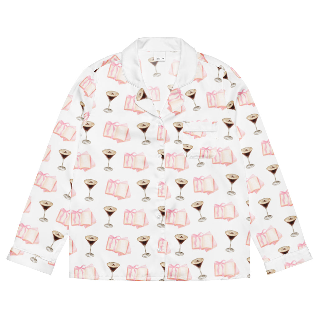 espresso martini and pink books on long sleeve pajama shirt product mock-up