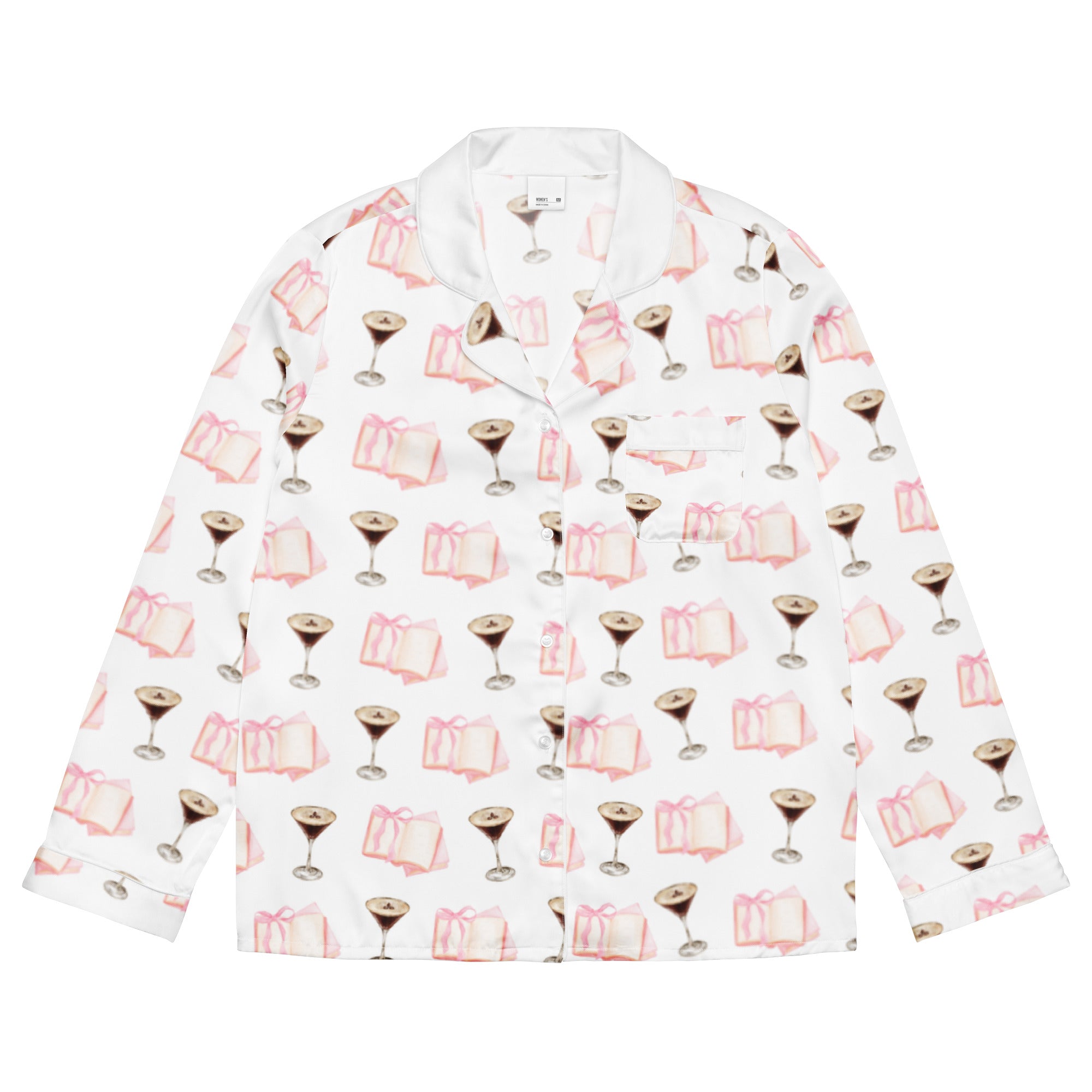 espresso martini and pink books on long sleeve pajama shirt product mock-up