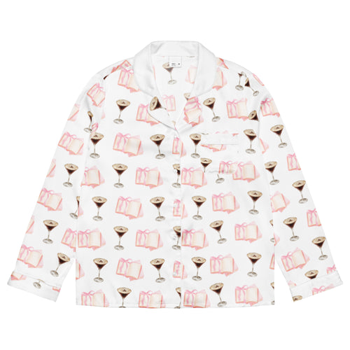 espresso martini and pink books on long sleeve pajama shirt product mock-up