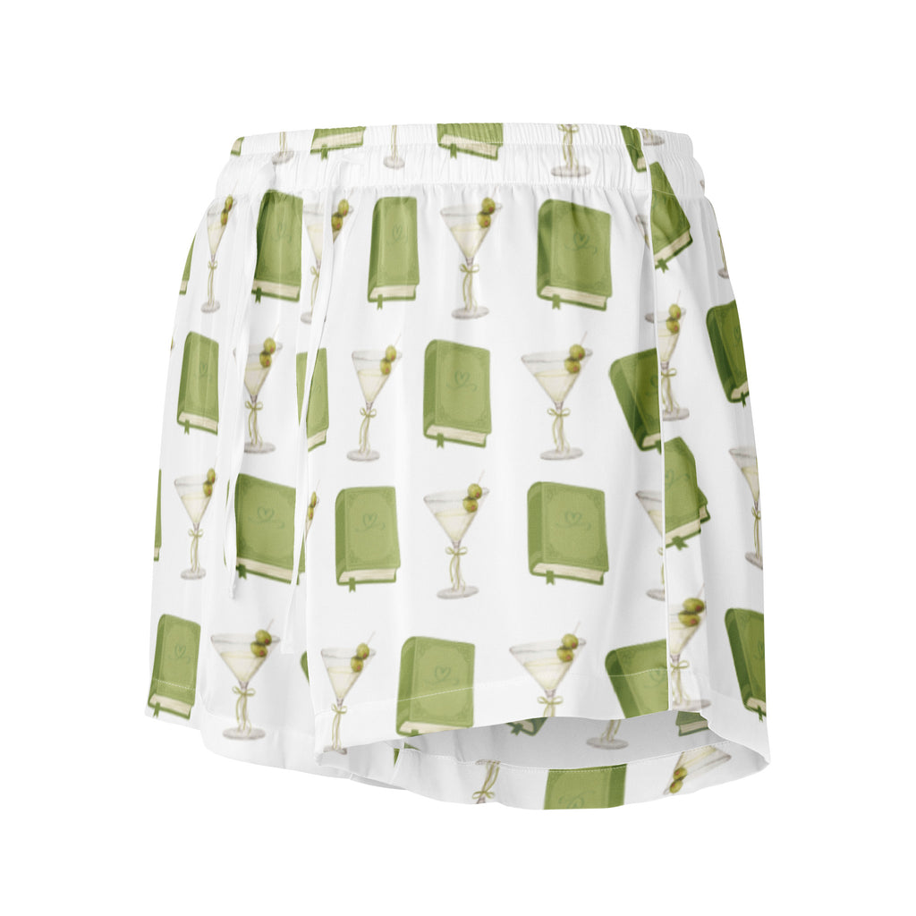 dirty martinis and green books on pajama shorts, product mock-up- side of shorts