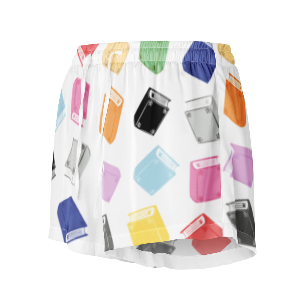 colorful books on pajama shorts product mock-up, side view