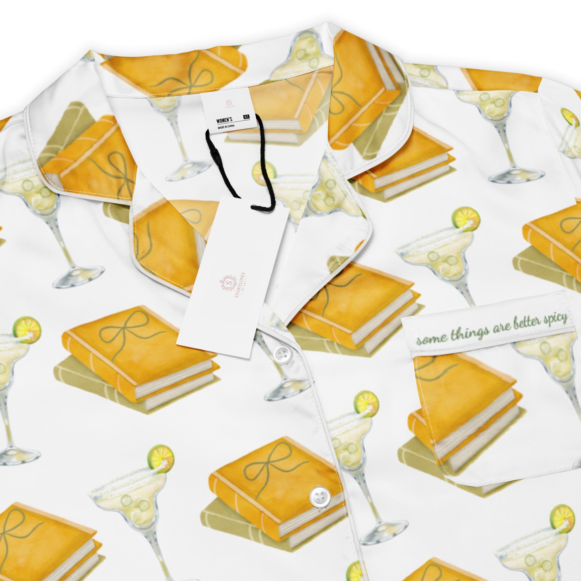 long sleeve pajama top with spicy margaritas and books on it. Pocket says "Some things are better spicy" . Product mock-up image