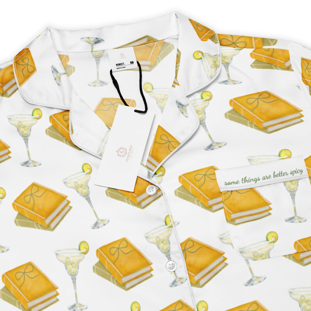 short sleeve pajama top with spicy margaritas and books on it. Pocket says "Some things are better spicy" . Product mock-up image