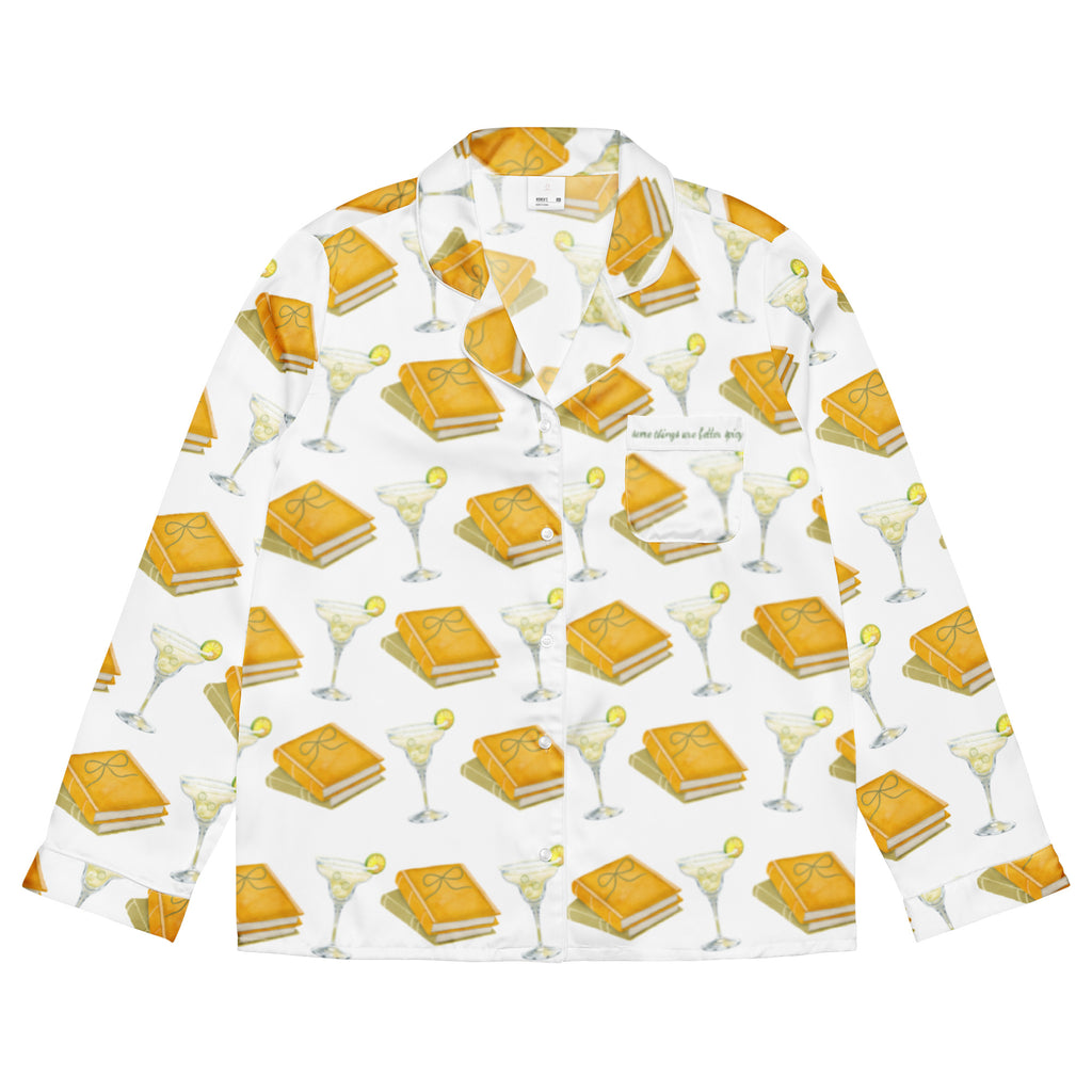 long sleeve pajama top with spicy margaritas and books on it. Pocket says "Some things are better spicy" . Product mock-up image