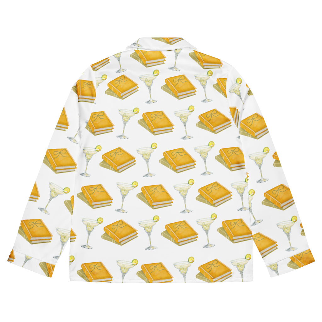 long sleeve pajama top with spicy margaritas and books on it. Pocket says "Some things are better spicy" . Product mock-up image back of shirt