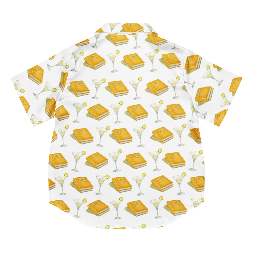 short sleeve pajama top with spicy margaritas and books on it. Pocket says "Some things are better spicy" . Product mock-up image, back of shirt