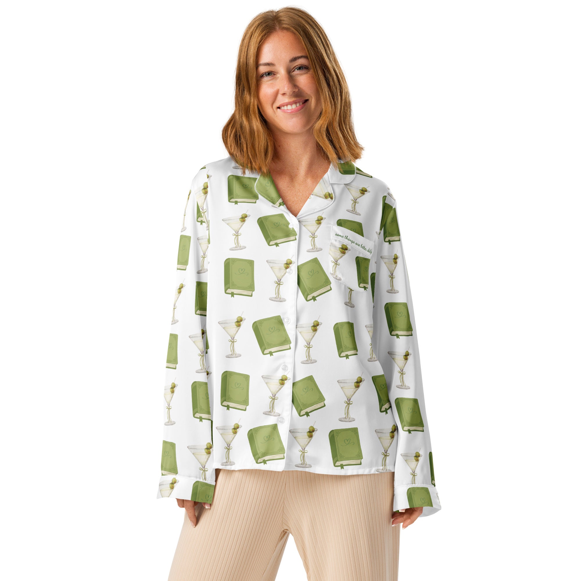 woman wearing dirty martinis and green books on a long sleeve pajama tops. The pocket says "some things are better dirty". Product mock-up