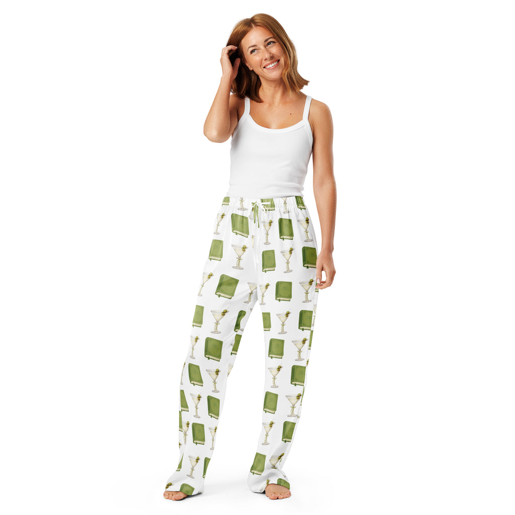 woman wearing dirty martinis and green books on pajama pants, product mock-up