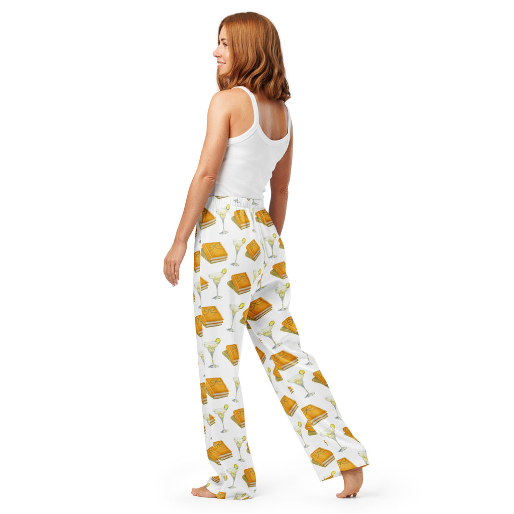 woman wearing Spicy margarita and books on pajama pants, product mock-up