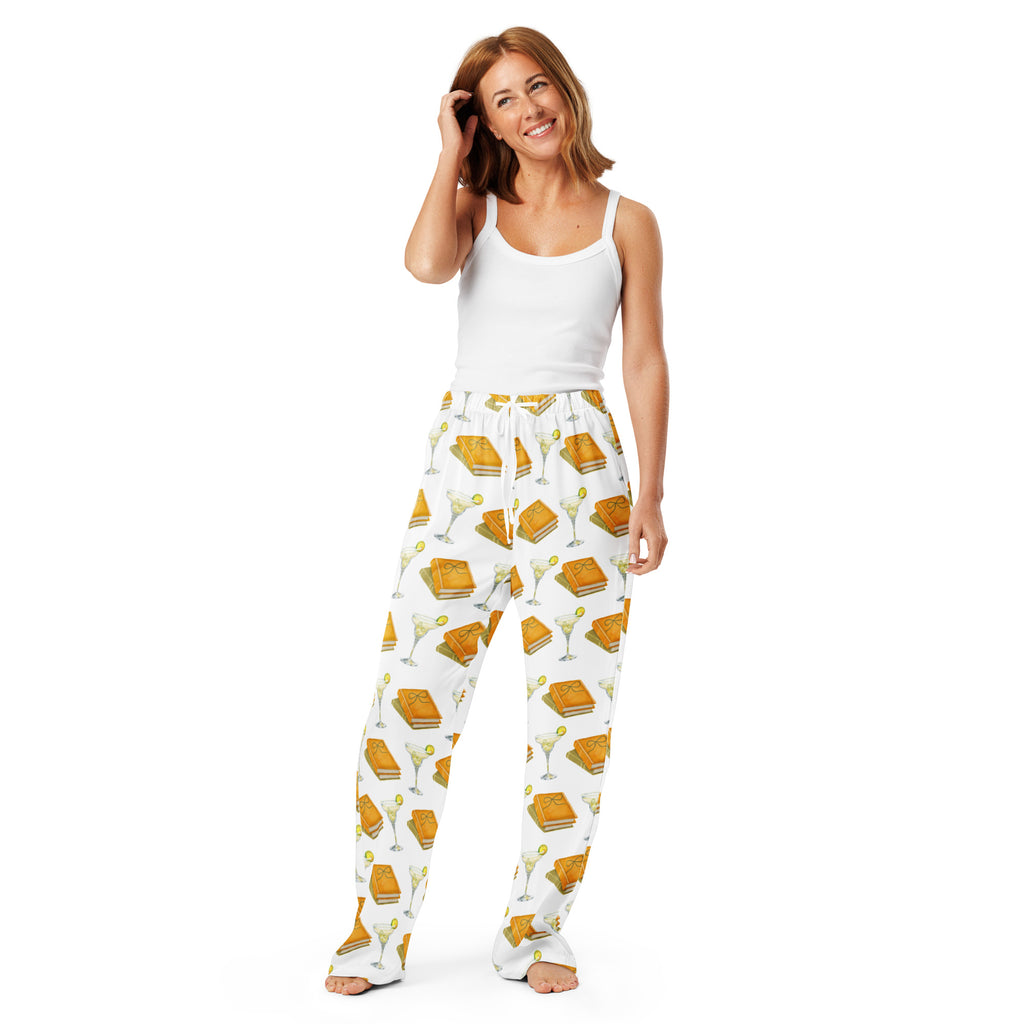 woman wearing Spicy margarita and books on pajama pants, product mock-up