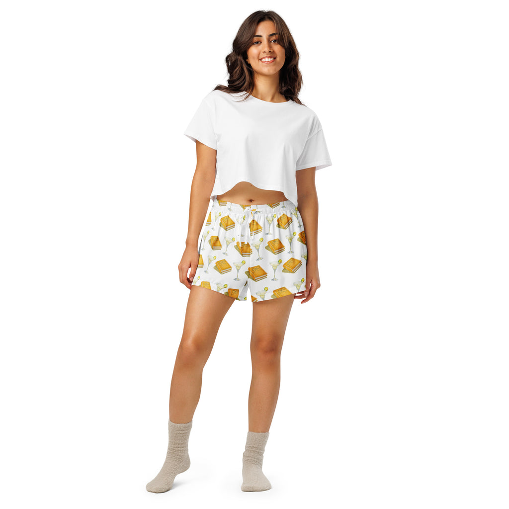 woman wearing Spicy margarita and books on pajama shorts, product mock-up